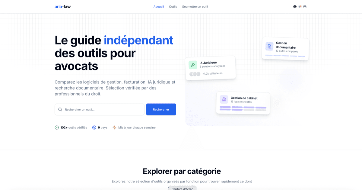 Aria Law - Annuaire international regroupant tous les outils et ressources pour avocats. Plateforme multilingue avec recherche avancée et catégorisation intelligente.