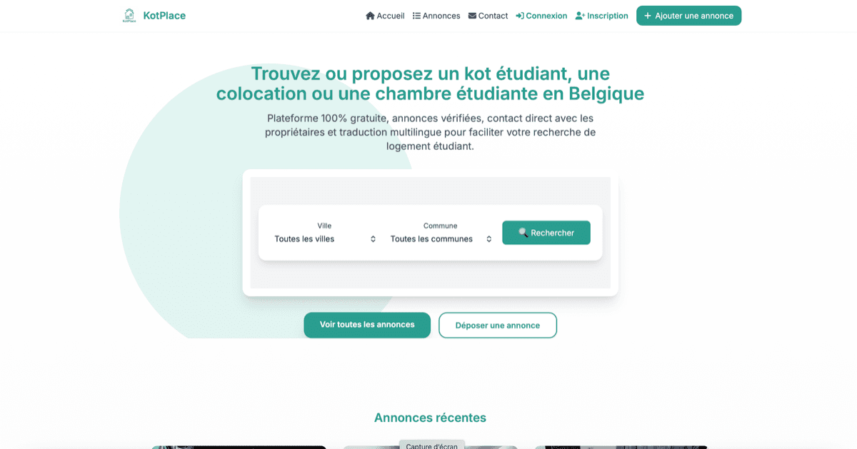 Kotplace - Plateforme de location de kots étudiants en Belgique avec messagerie instantanée intégrée. Recherche géolocalisée et gestion des annonces.